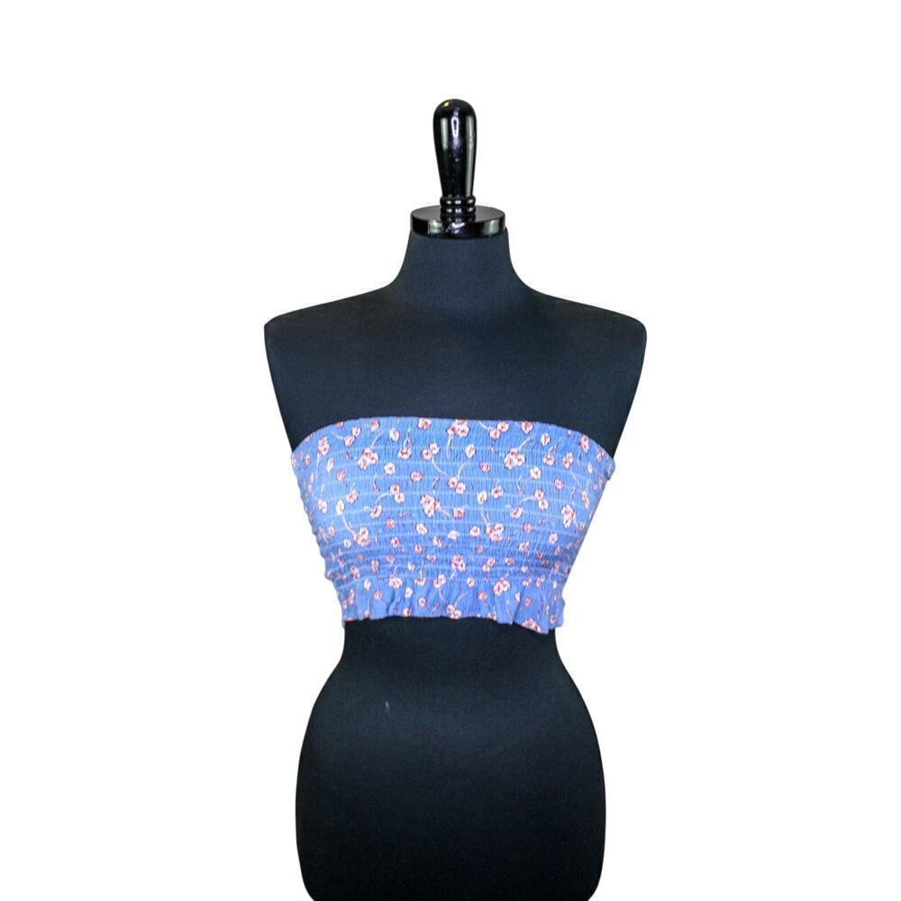 American Eagle Smocked Floral Crop Tube Top Ruffle Blue Pink Boho XS